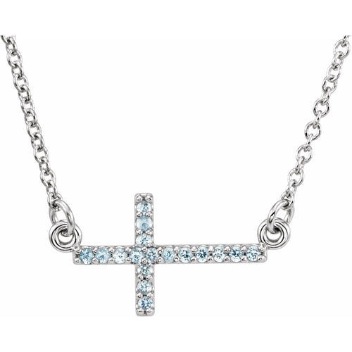 14K Aquamarine Sideways Cross 16-18" Necklace