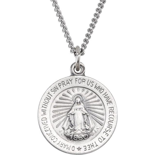 Sterling Silver 12 mm Miraculous Medal with 18" Curb Chain